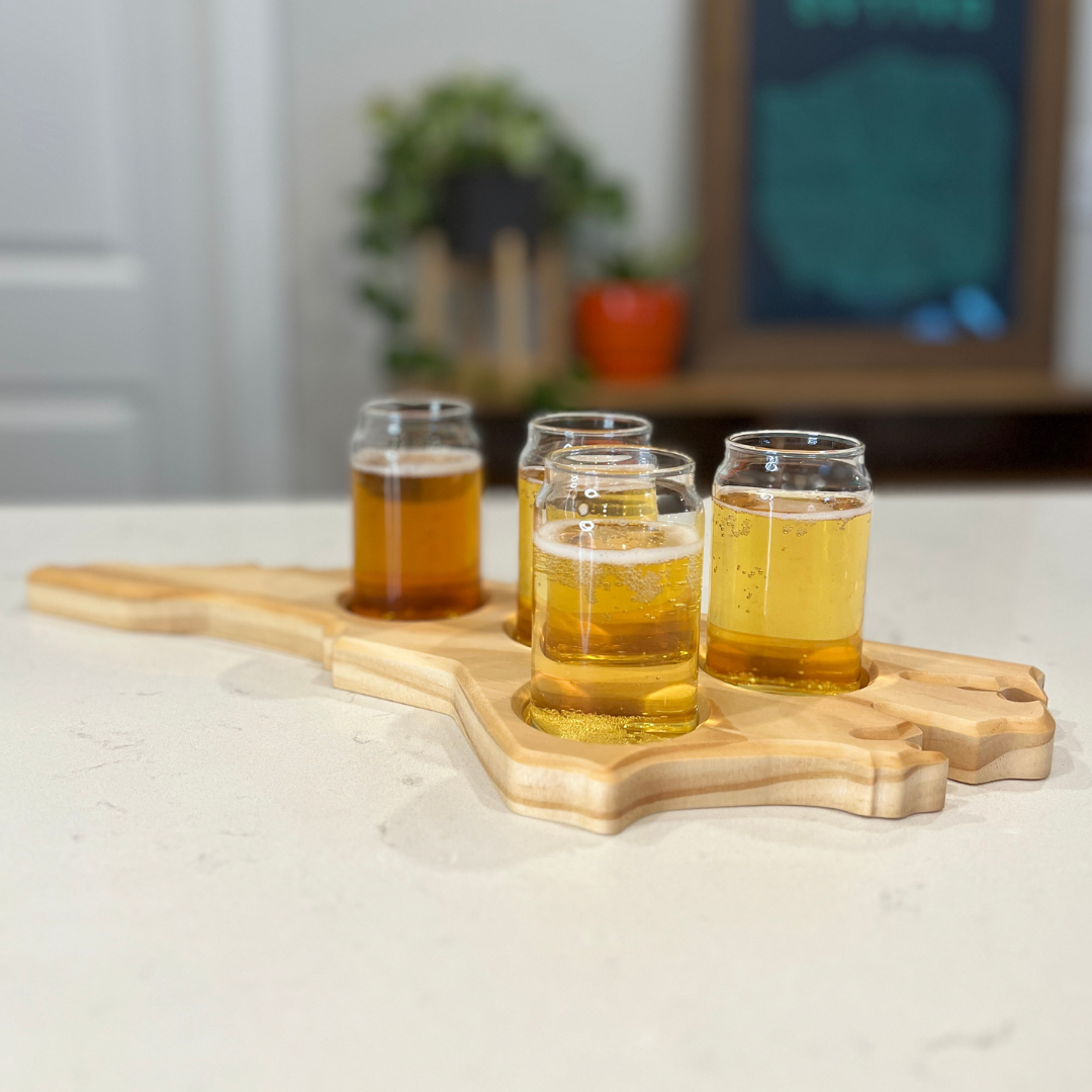 North Carolina Flight Tasting Board with Beer Can Glasses