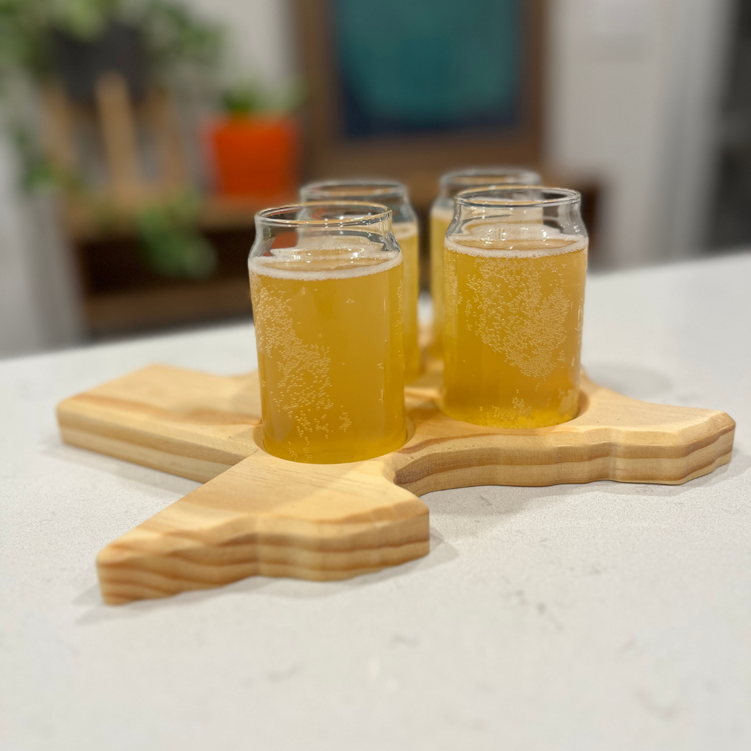 Texas Flight Tasting Board with Beer Can Glasses